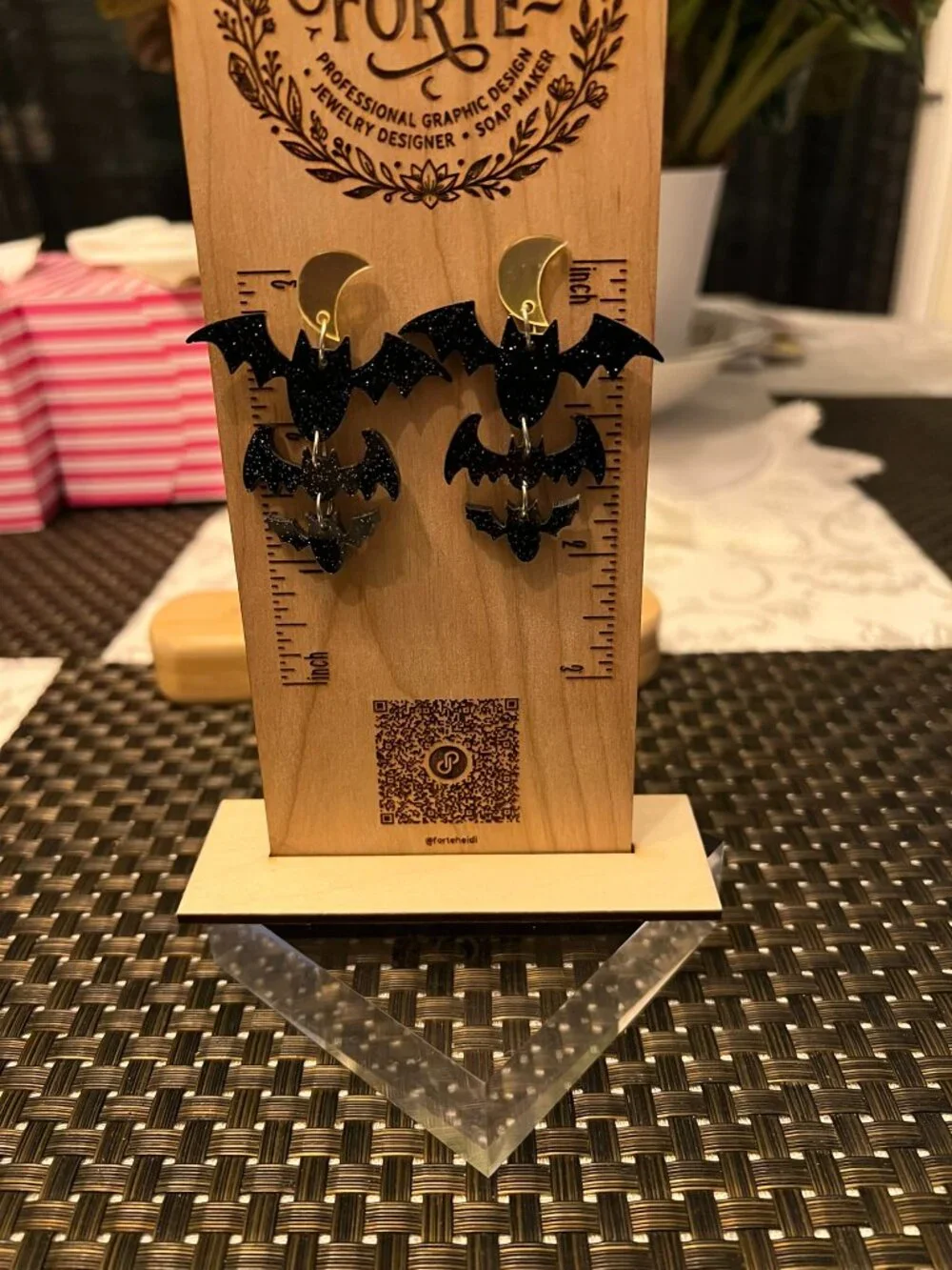 NWT Handmade Crescent Moon & Cascading Glitter Bat Dangle Earrings